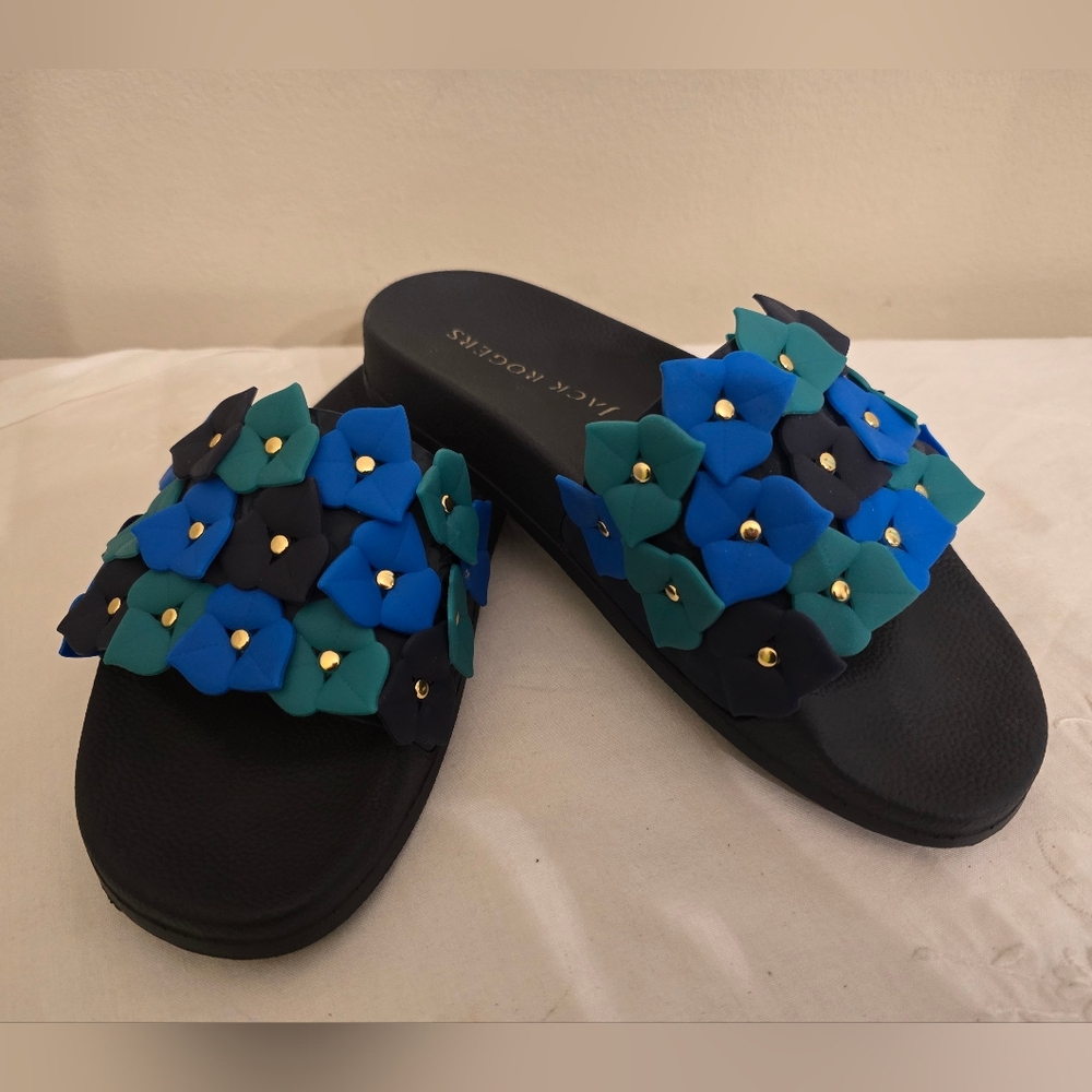 Jack Rogers Blue And Green Floral Embellished Slides- Pool Shoes Size 7